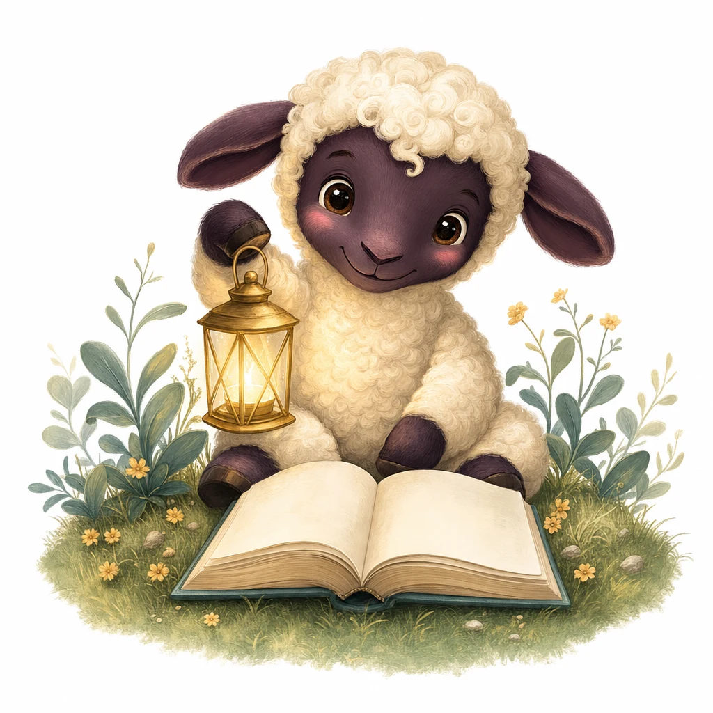 Pip the lamb with an open storybook and a glowing lantern